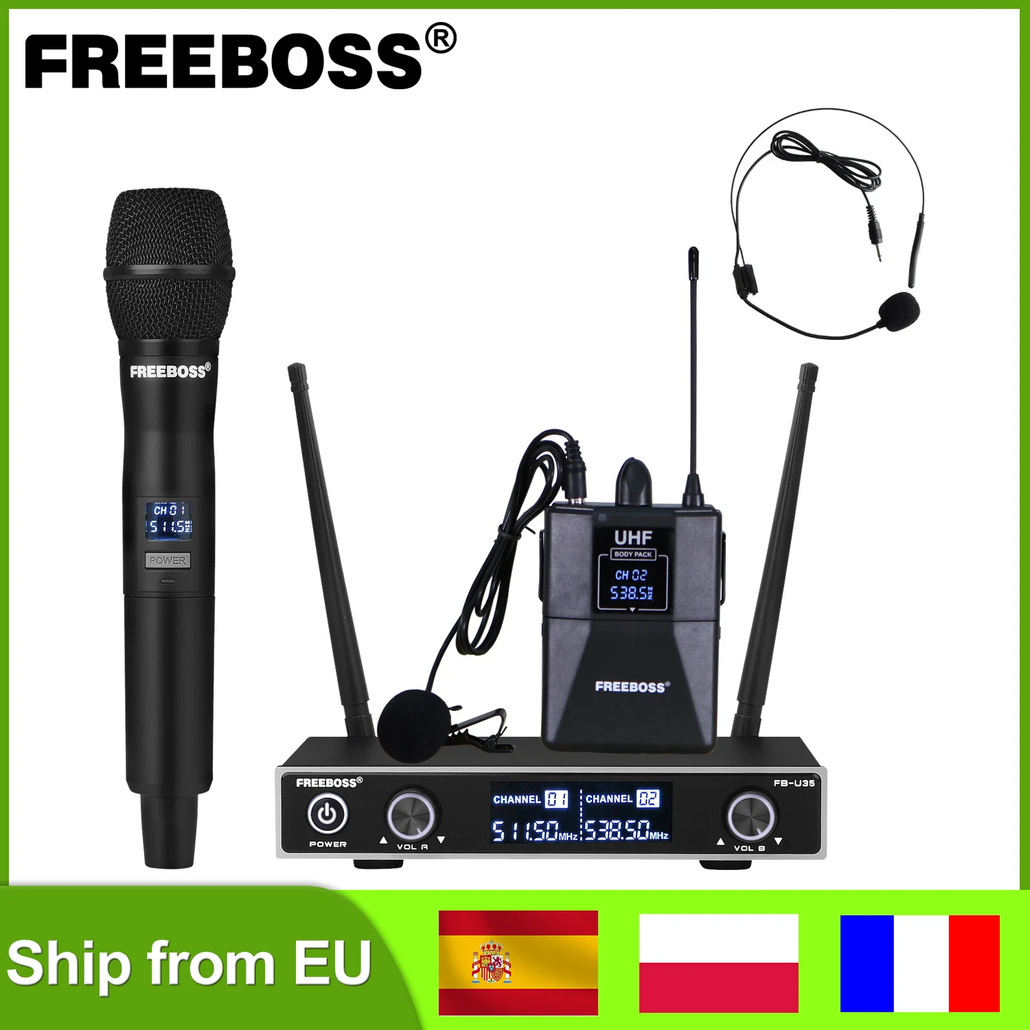 FREEBOSS Handheld and Bodypack with Lavalier Headset Wireless Microphone UHF Mic for Family  School Karaoke Church Party FB-U35H