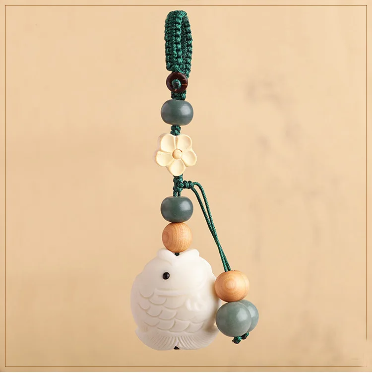 Year After Year Ivory Fruit Fine Carving Small Fish Car Key Chain Hand Woven National Style Art Pendant Men's and Women's Gifts