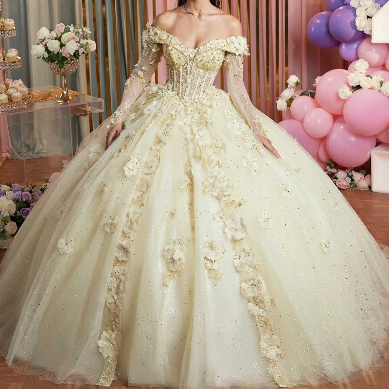 

Yellow Shiny Quinceanera Dresses Ball Gown Off Shoulder 3D Floral Applique Beads Bow Tull Corset Sweet 16 Dress Vestidos De XV