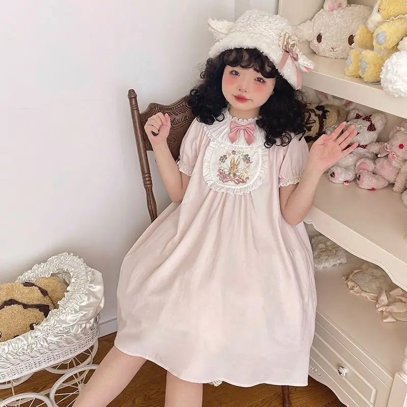 Abito da principessa Kawaii Lolita giapponese ragazze dolce carino fiocco manica a sbuffo coniglietto ricamo camicia da notte Mini abito Vintage vittoriano