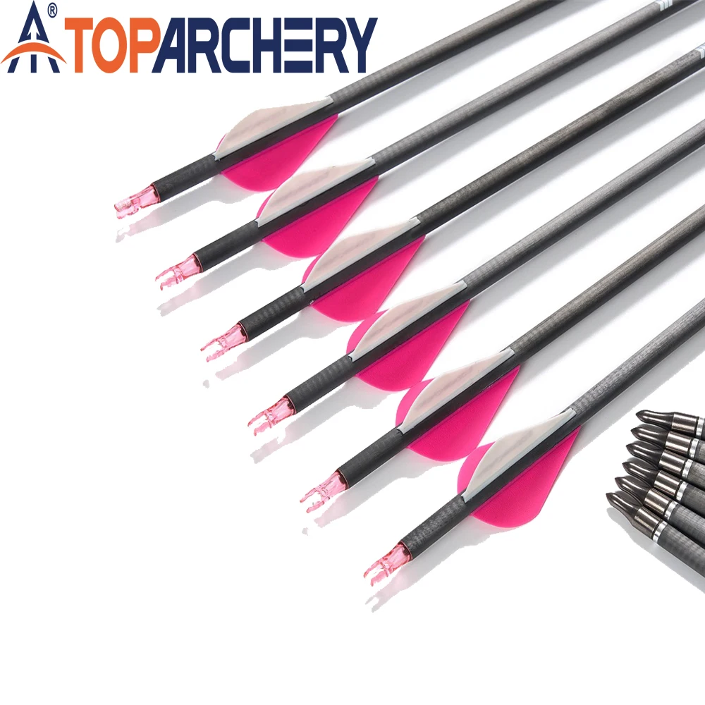 Flecha de carbono puro para tiro con arco de 30 pulgadas, columna de plumas de pavo, ID 300/350/400 de 6,2mm para arco recurvo, arco largo, flecha tradicional