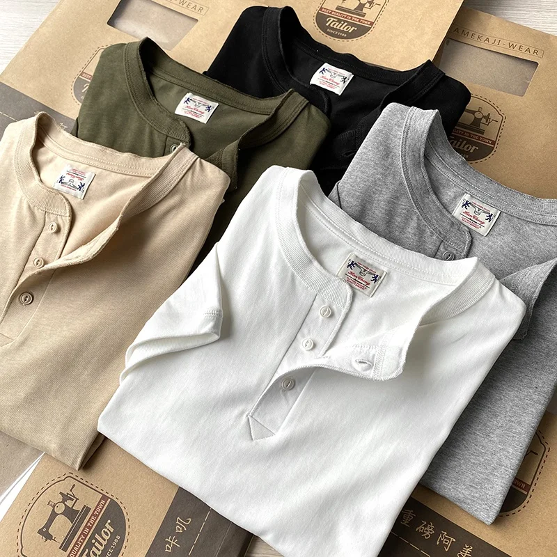 Retro Japanese Style Men's V-Neck Short Sleeve T-Shirt Henry Collar 260g Heavyweight Summer Fashionable Color Tee