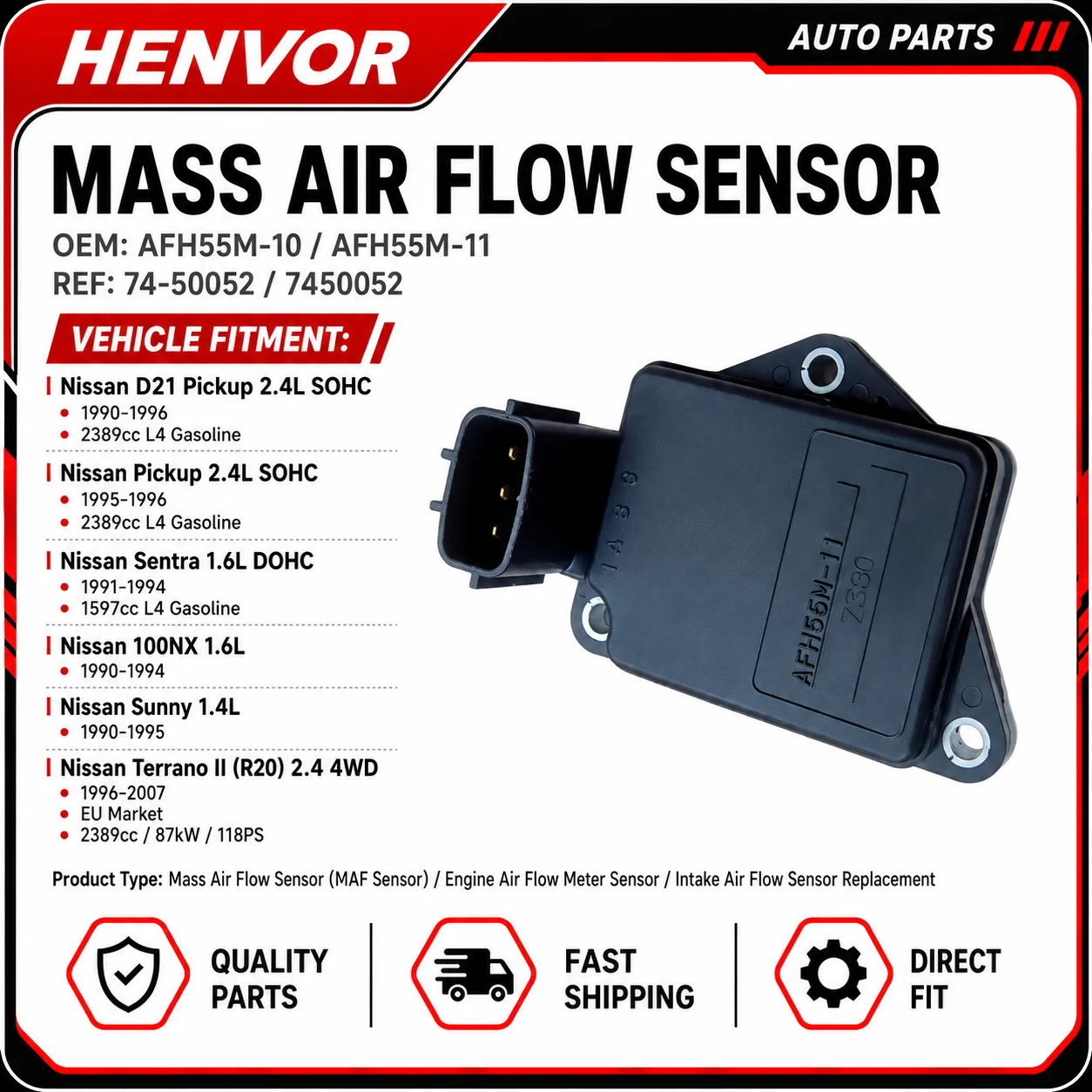 AFH55M-10 AFH55M-11 74-50052 Mass Air Flow Sensor MAF Meter for Nissan D21 Pickup Sentra Sunny 100NX Terrano II 1.4L 1.6L 2.4L