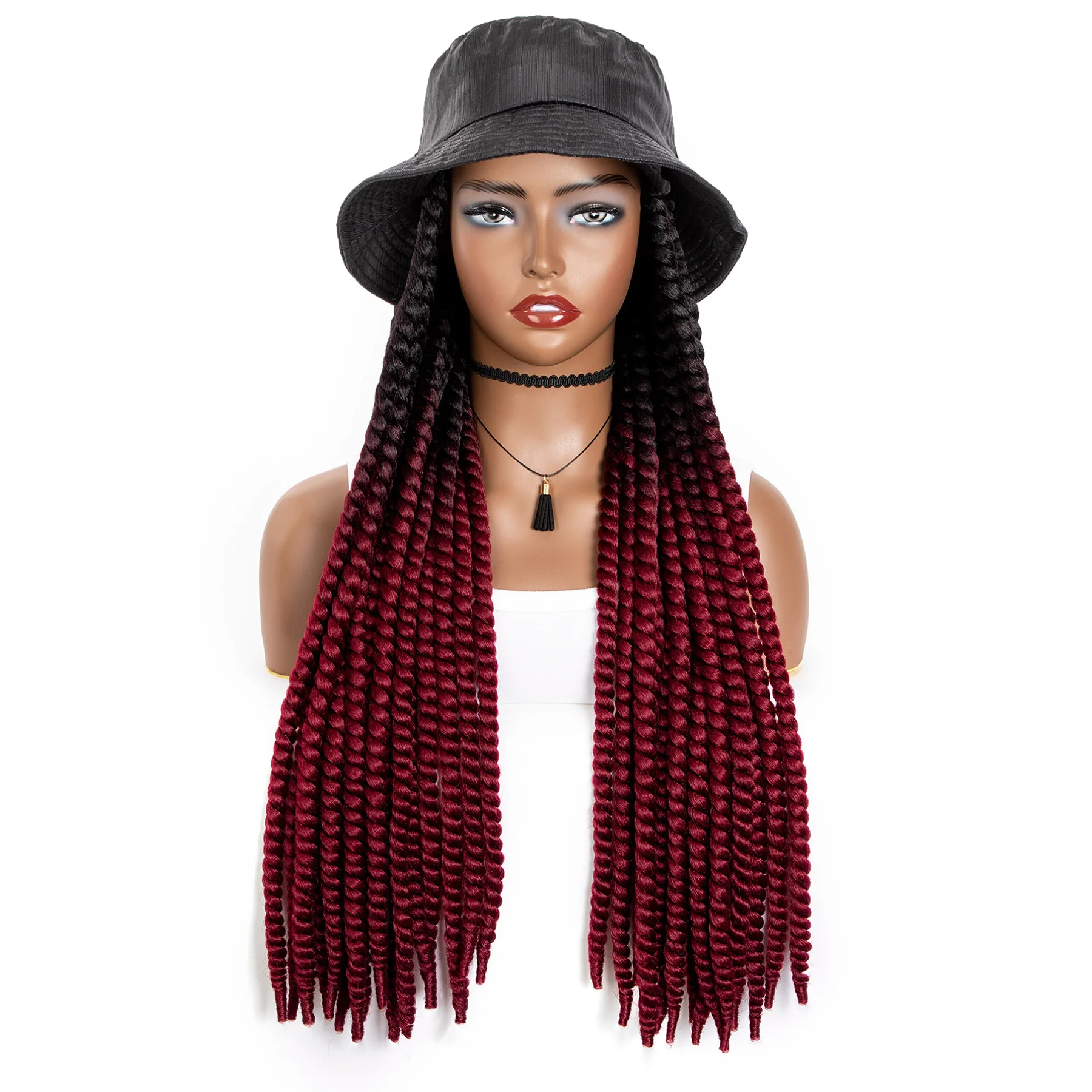 WIGERA Long Ombre Black Burgundy Synthetic Havana Mambo Twist Braided Hair Extensions Cap Wig Spring Braiding With Bucket Hat