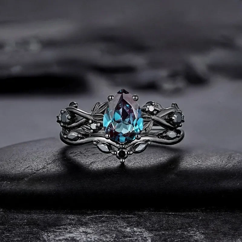 European and American fashion gun black inlaid sea blue zircon women's ring