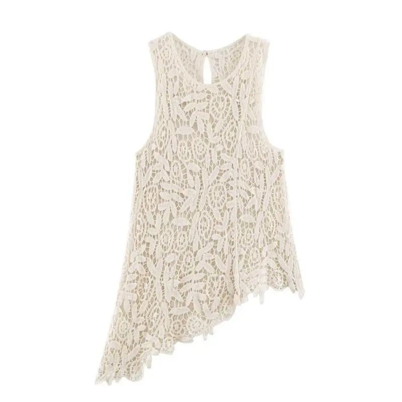 Maxdutti Blusa de encaje beige minimalista para mujer, ropa con diseño asimétrico, cuello redondo, camisa sin mangas, estilo sur de Francia
