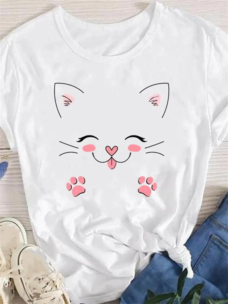 Camiseta de gran tamaño para mujer, camisetas coreanas de manga corta con estampado de dibujos animados, ropa con estampado de a