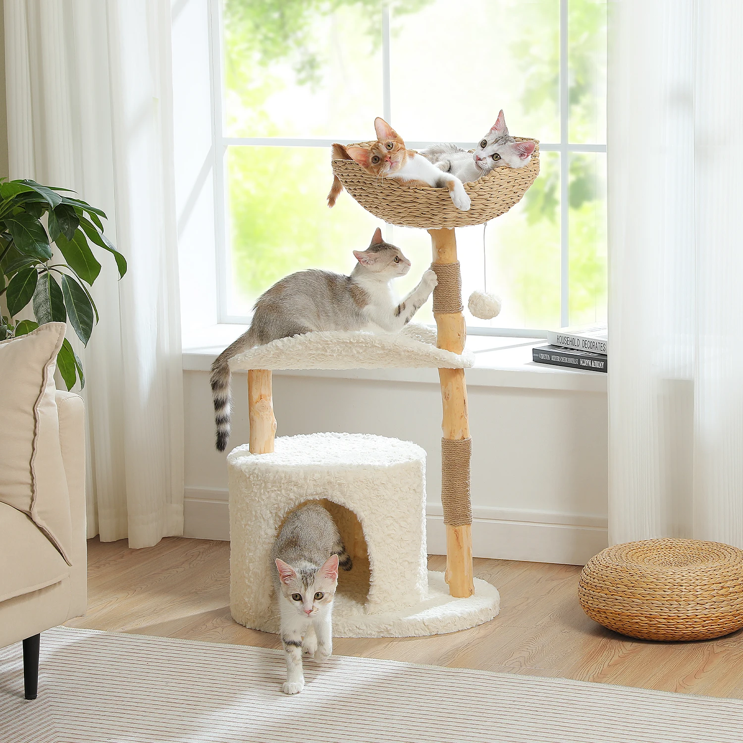 Tour d'arbre à chat moderne avec poteaux à gratter en bois massif naturel, panier en osier spacieux, lit de luxe pour chat, jouets d'intérieur pour chat
