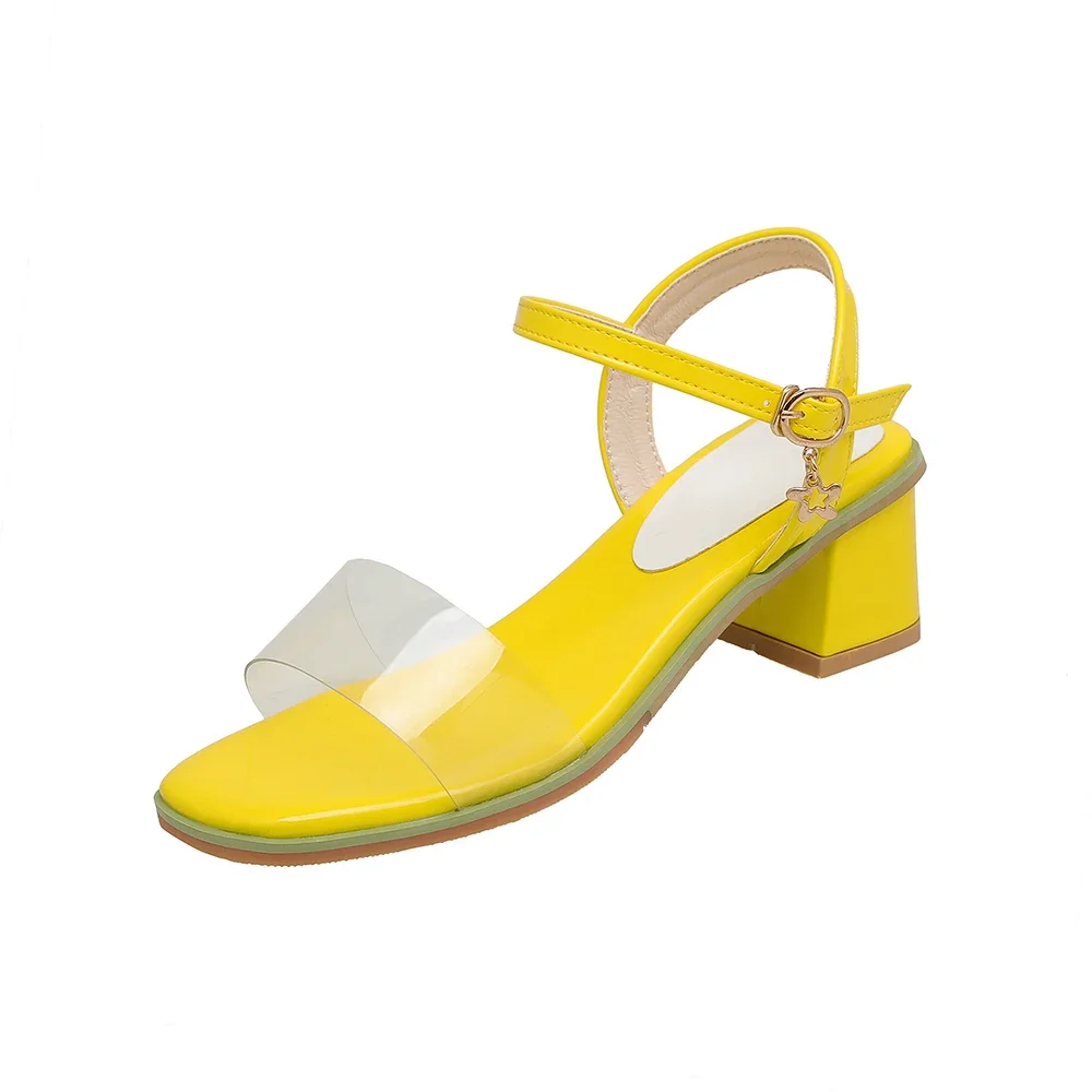 New Summer Black Yellow Women Sandals 2 Inch Med Square Heel Lady Tranparent Shoes Plus Big Small Size 31 43 45