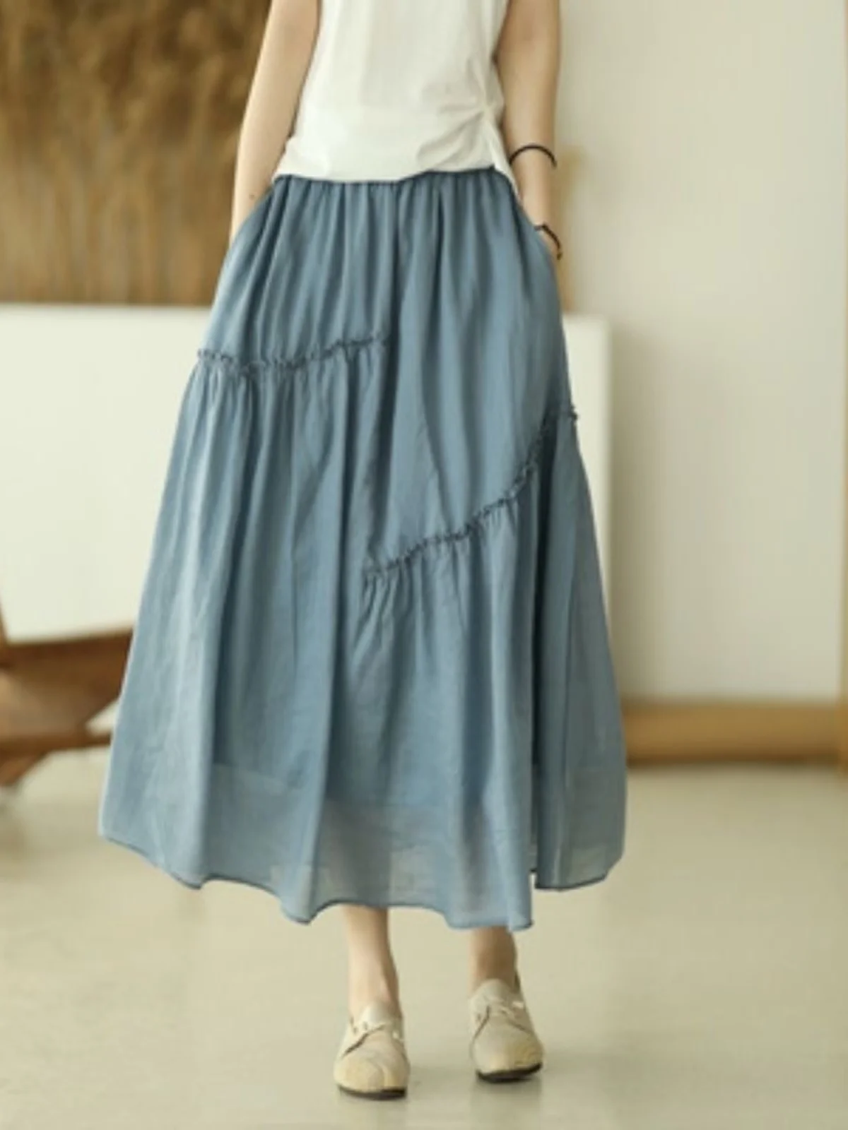 Jupe féerique asymétrique Double couche en coton et lin pour femmes, couleur Pure, taille haute, ligne a, pour les déplacements artistiques, été