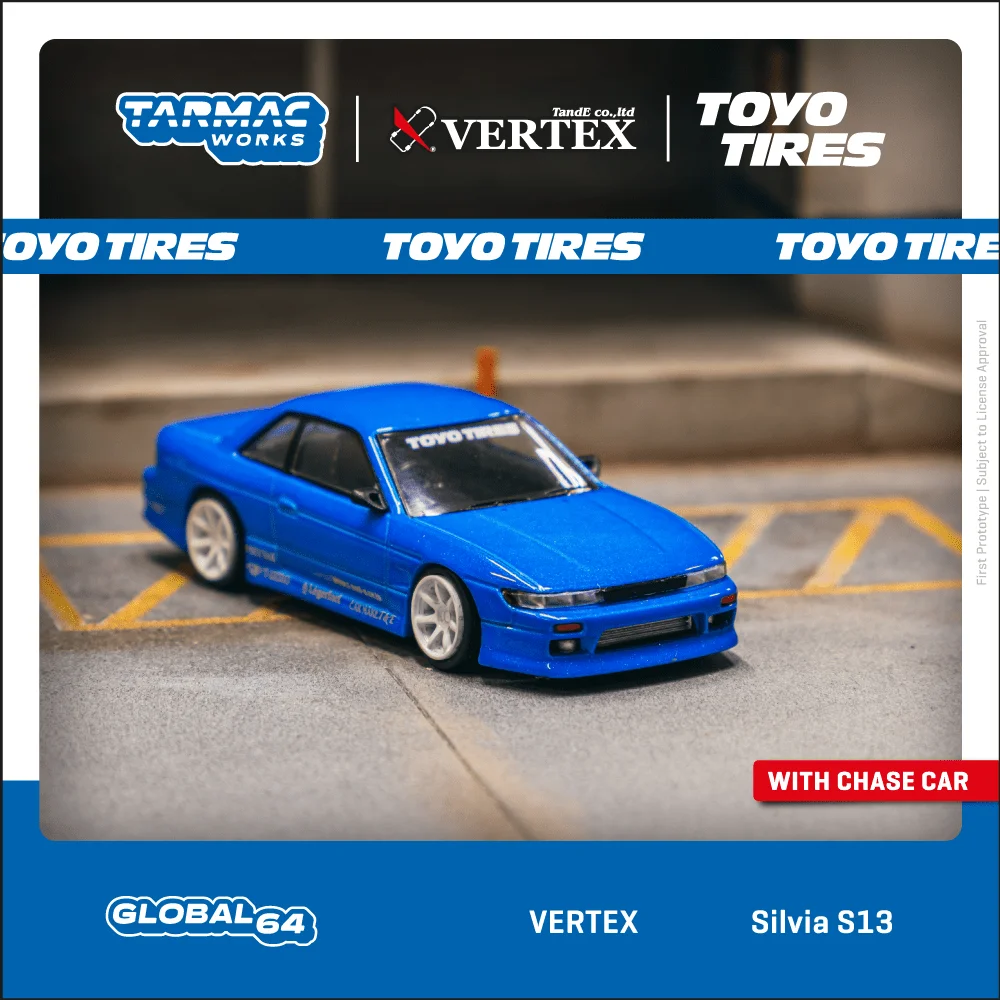 TW In Stock 1:64 VERTEX Silvia S13 Blue Metallic TOYO TIRES Diecast Diorama Car Model Collection Miniature Toys Tarmac Works