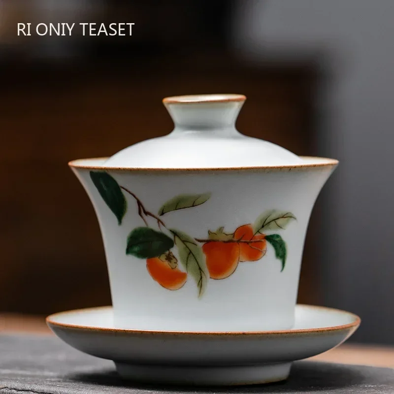 

170ml Chinese Retro Ru Kiln Tea Tureen Teacup Handmade Flower and Bird Ceramic Tea Bowl Travel Portable Gaiwan Household Teaware