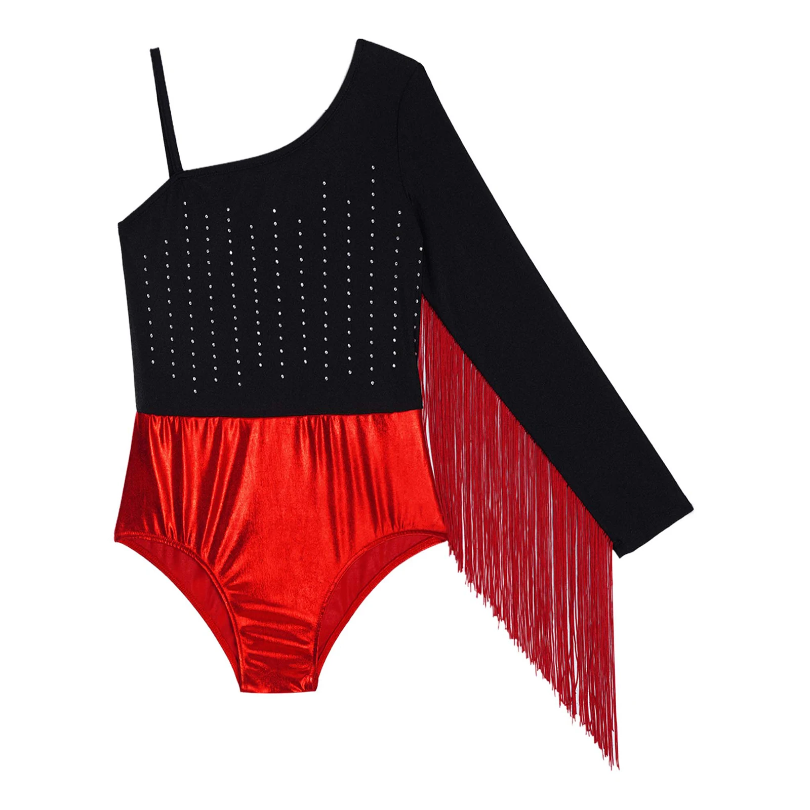 Kids Girls Gymnastics Leotard Latin Line Samba Tango Cha-Cha Dance Performance Costume Fringed Shiny Rhinestones Bodysuit Tops