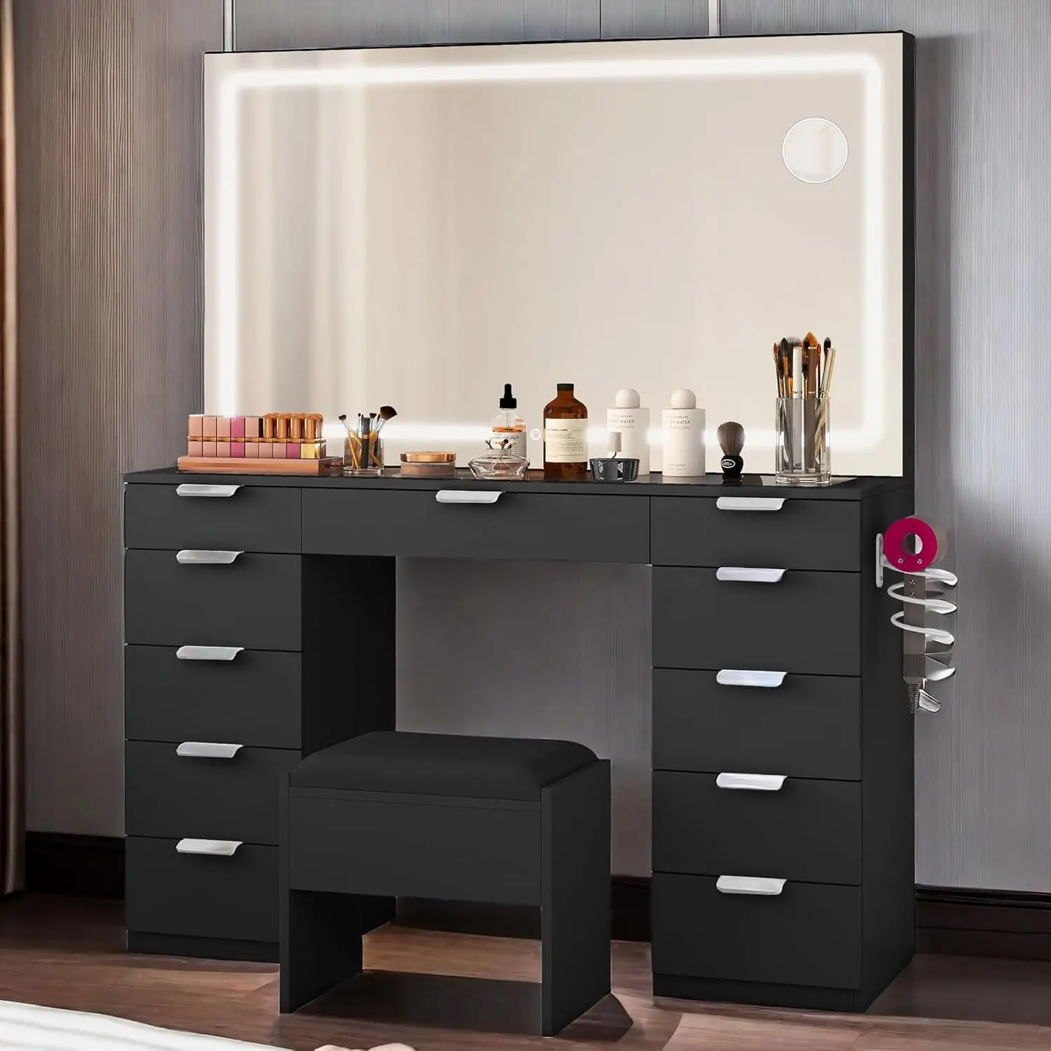 YITAHOME Vanity Desk with Large LED Mirror, Charging Station, 11 Drawers, Makeup Vanity with Tempered Glass Top, Storage Bench,