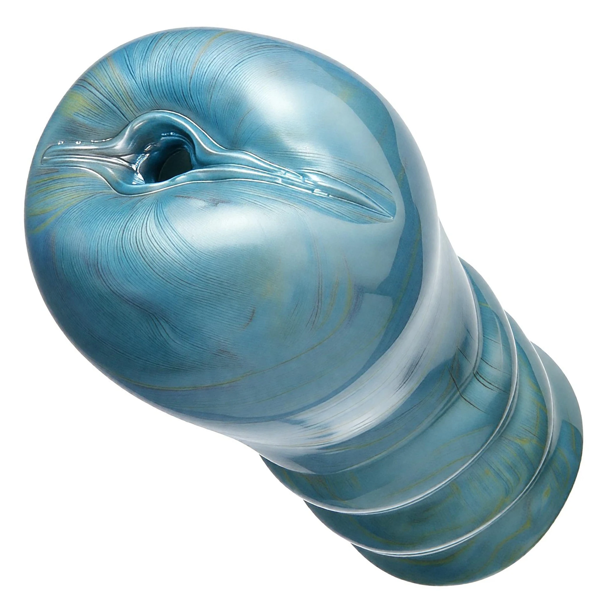 SHAZ Premium Glossy Iridescent Blue Anal Stroker Adult Toy Plump Rounded Opening Ribbed Segmented Texture Strong Suction for Men