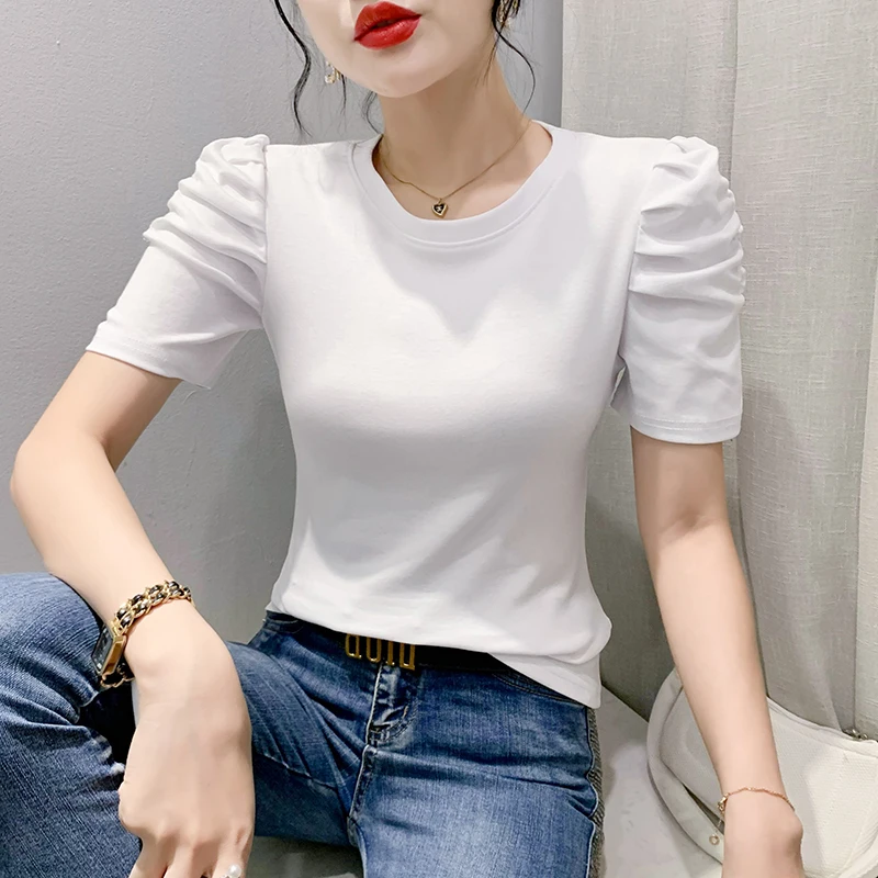 Winsleter Summer European Clothes Round Collar T-Shirt Woman Basic Solid Slim Cotton Tops Half Puff Sleeve Stretchy Tees T35413M