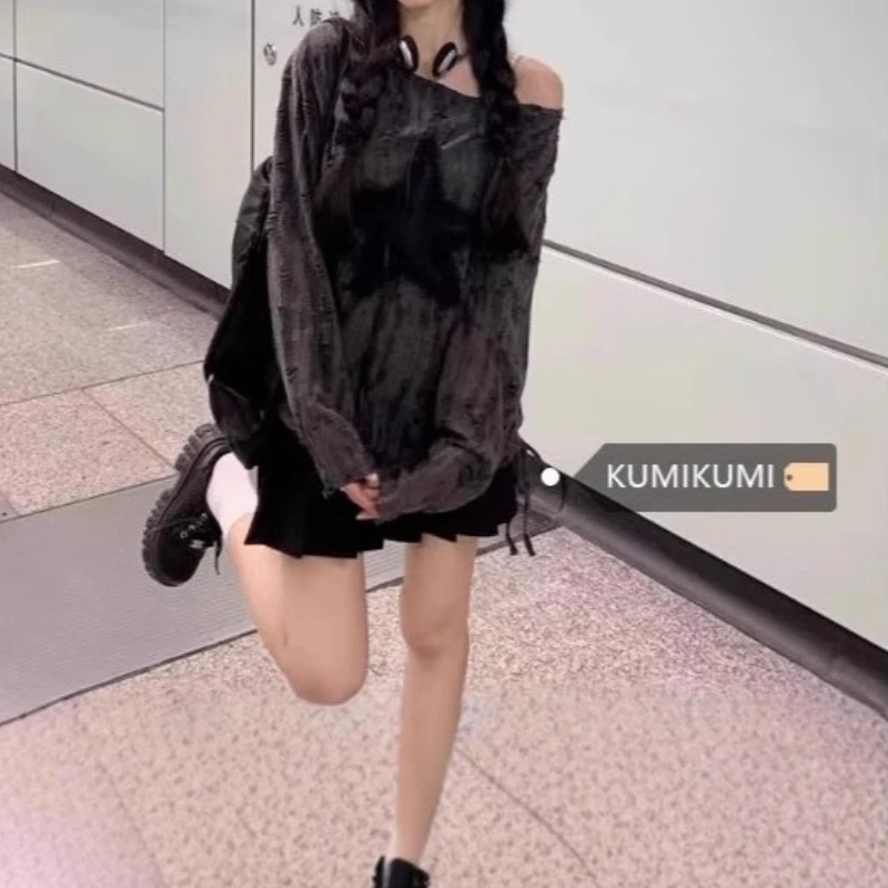 

Design Feeling of Holes, Sunscreen, Off-the-shoulder Long Sleeve T-shirt, Women's Loose Drawstring Strap Top