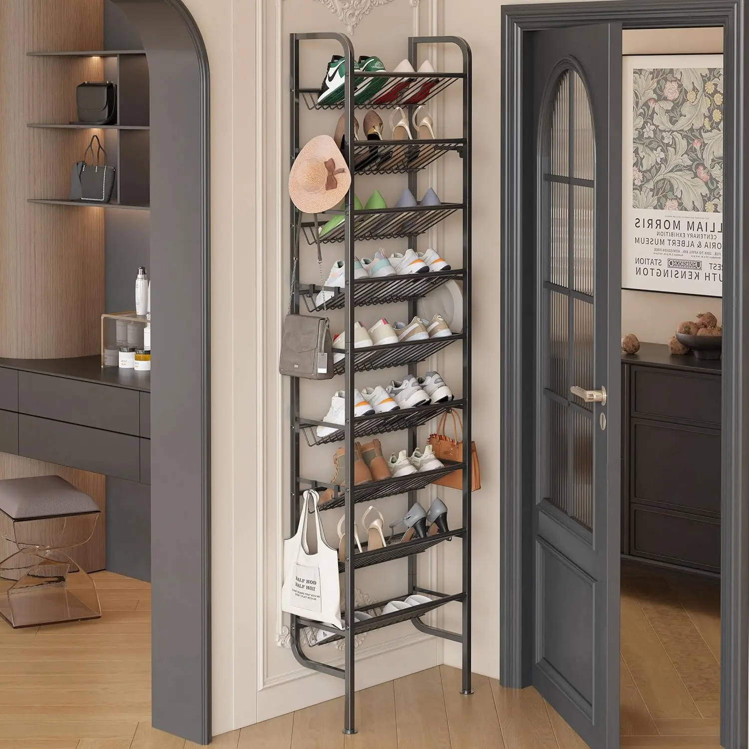 

9 Layer Shoe Rack for 18 Pairs Shoes, Freestanding Shoe Organizer with 12 Hooks & 8 Adhesive Pads