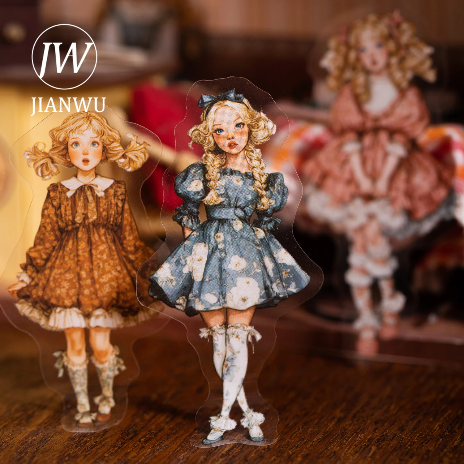 JIANWU Sweet Dress Girl Series Vintage Character Landscape Material Collage Scrapbooking PET Sticker Creative Journal Stationery