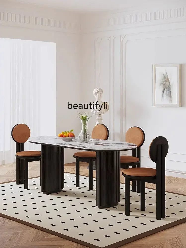 182Q French Style Stone Plate Dining Table Solid Wood Retro Rectangular Home Chinese Style Rectangular Simple