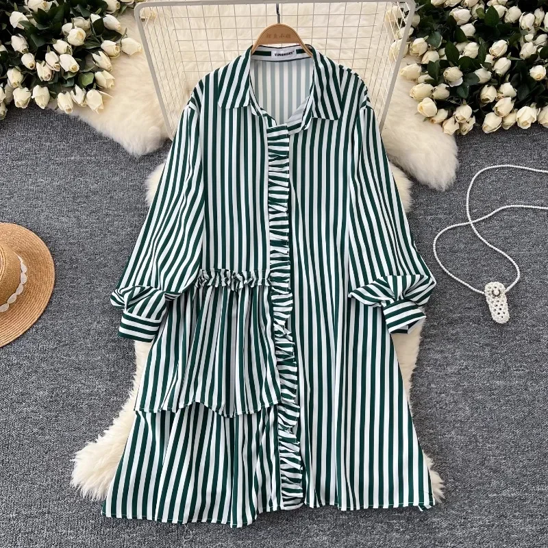 Neploe Niche Pleated Ruffle Edge Striped Dress Femme 2024 Autumn Korean Western-Style Age Reducing Casual Loose Shirt -Vestidos