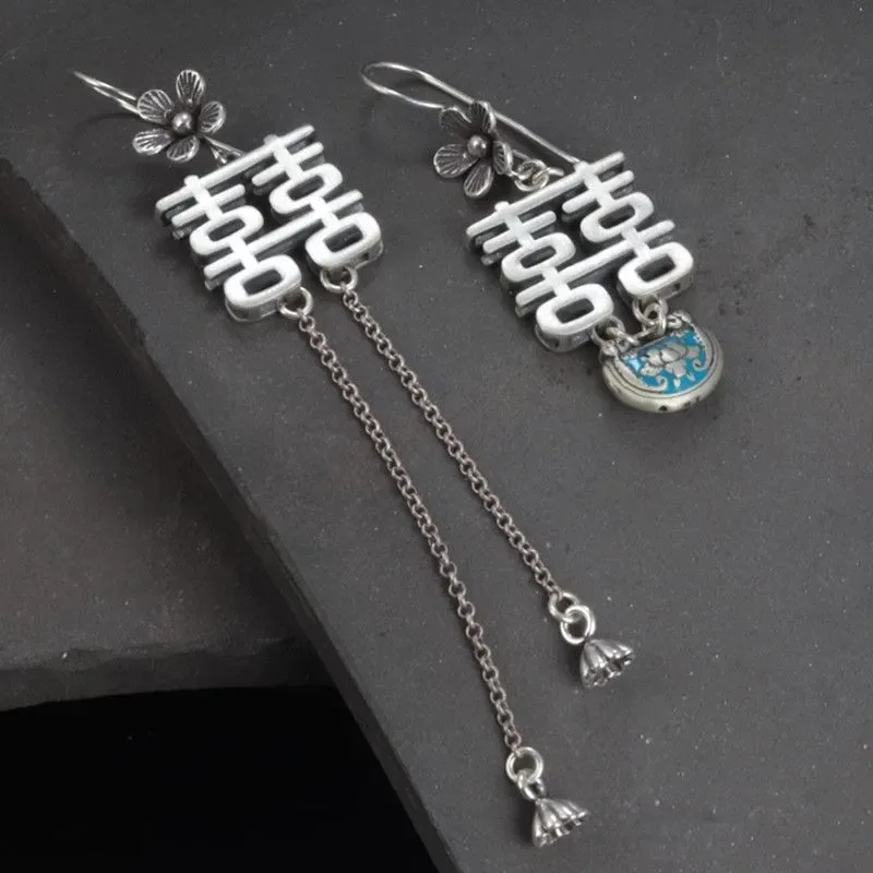 Double Happiness Character Tassel Long earrings for women Retro Ethnic Style Ruyi Lock lotus seedpod Earring silver 925 Jewelry