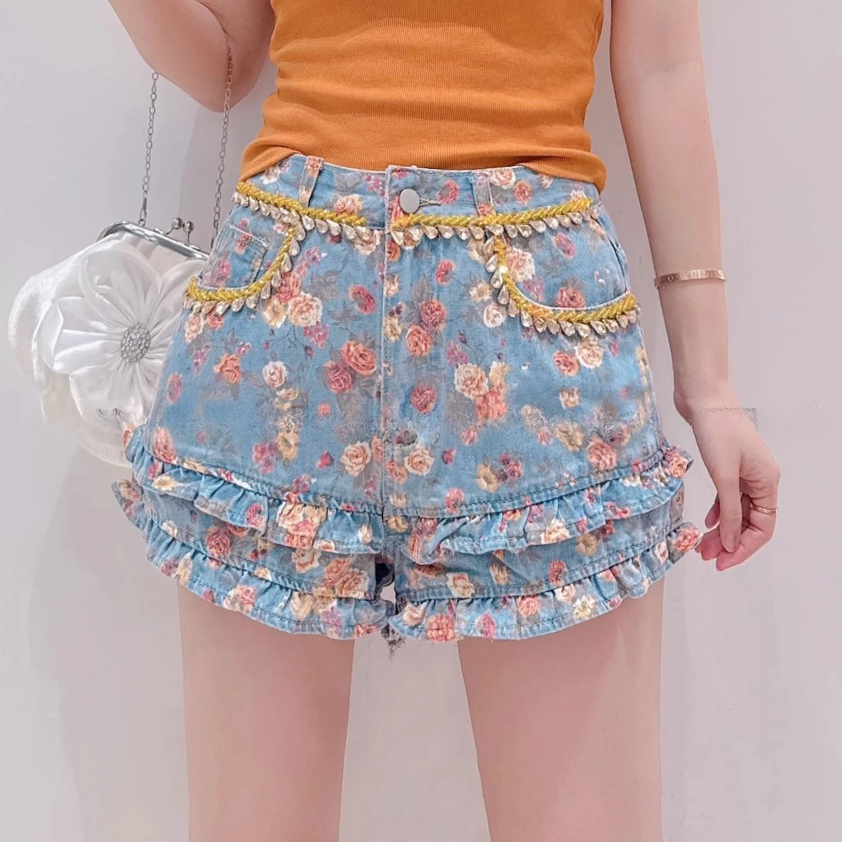 Fashion Diamond Rose Denim Shorts Women's 2025 Summer High-waist Pocket Decoration A-line Shorts Wide-leg Denim Hot Short Pants