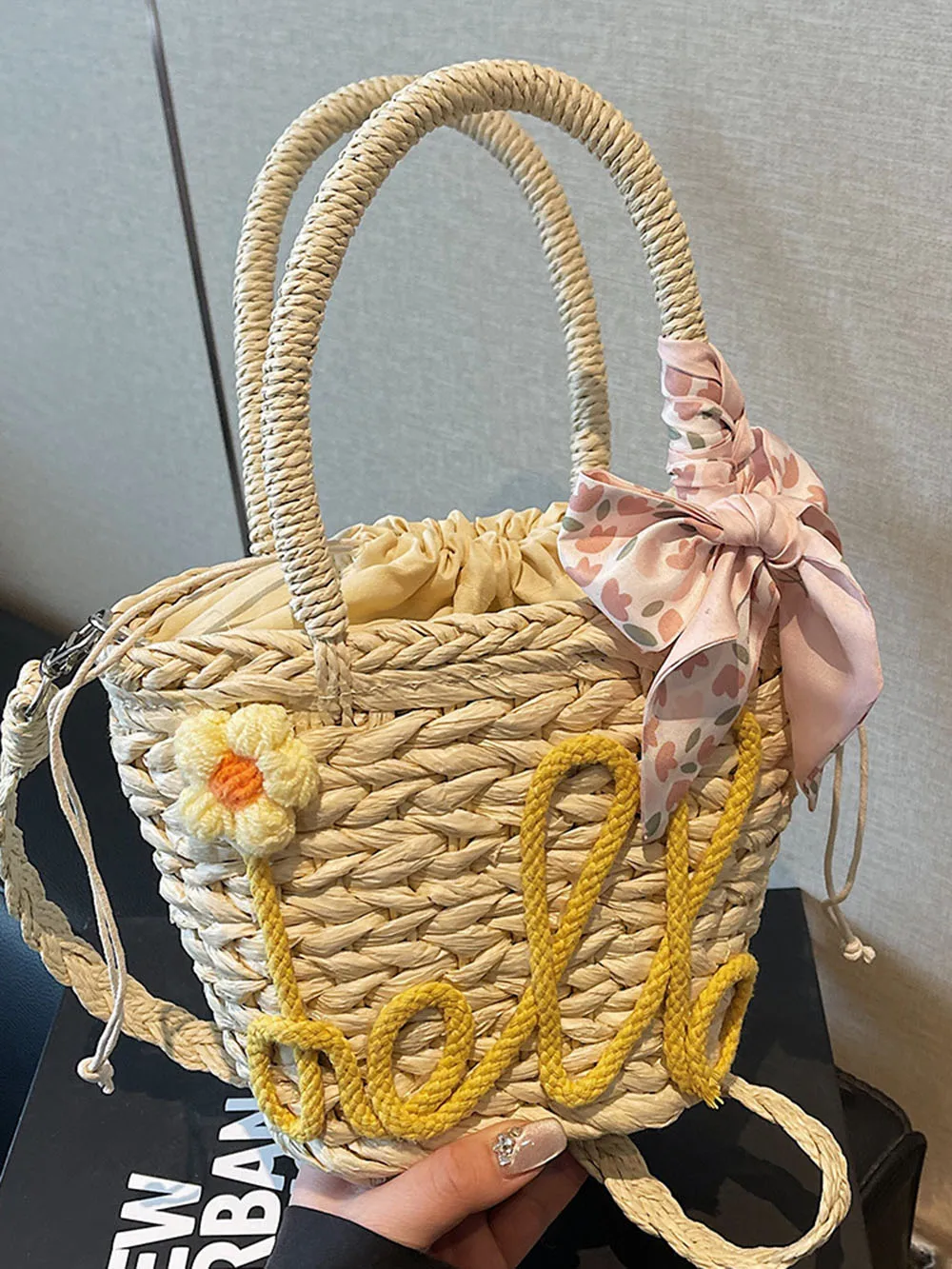 Hello Letter Pattern Straw Woven Bag Vacation Beach Crossbody Bag Fashion Flower Pattern Handbag Summer Casual Bag For Women