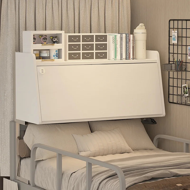 Notebook on the bed in the dormitory, upper and lower bunk in the dormitory, computer table, suspended folding study table