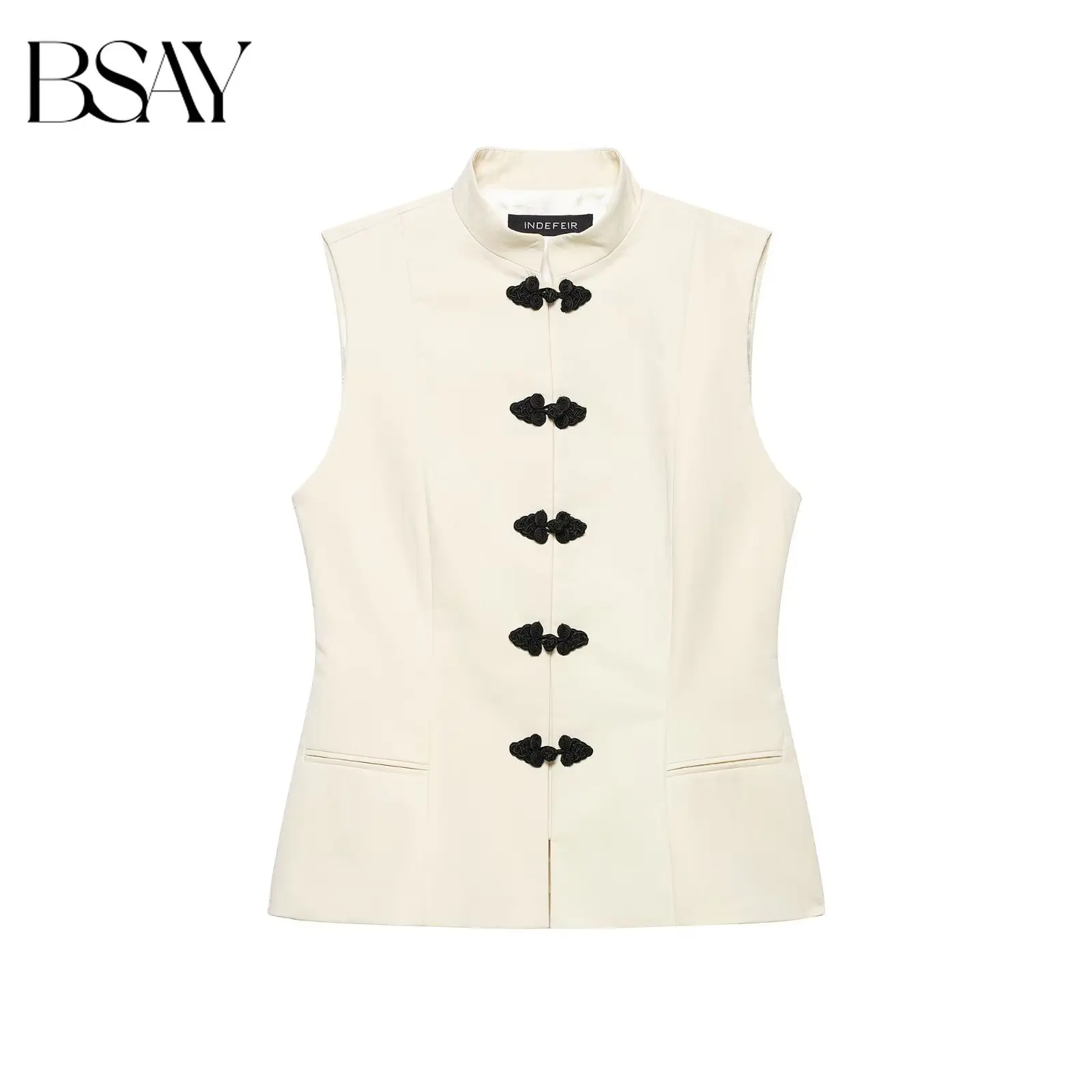 

BSAY Women New Chinese Style Frog Button Vest Mandarin Collar Sleeveless Solid Color Waistcoat Slim Fit Stand Collar Outerwear