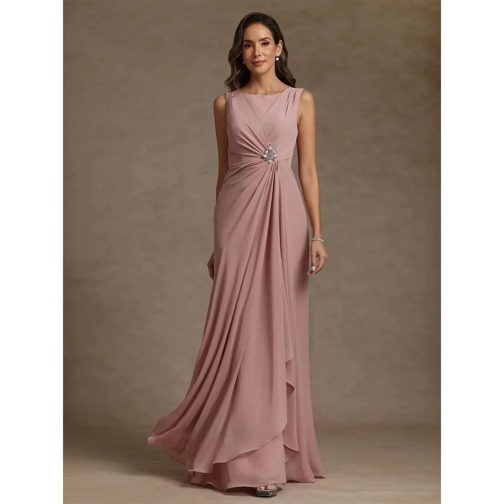 Sleeveless round neck long evening gown with twisted waist and decorative rhinestones, side slit design. Custom sizes available
