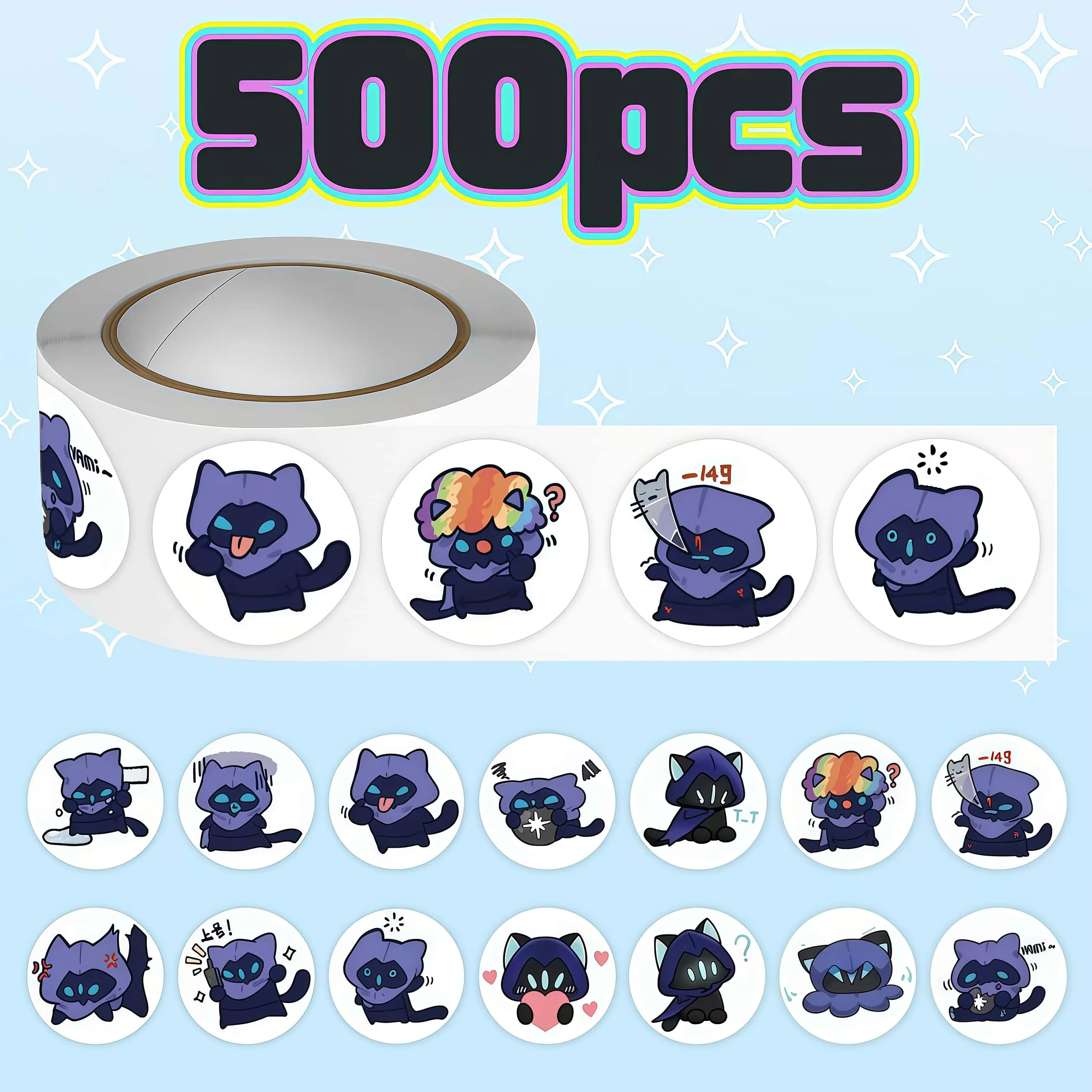 500Pcs Valorant Omen Cute Purple Cat Round Sticker Roll, Multi Expression Game Character Labels for Packaging Journal DIY Decor
