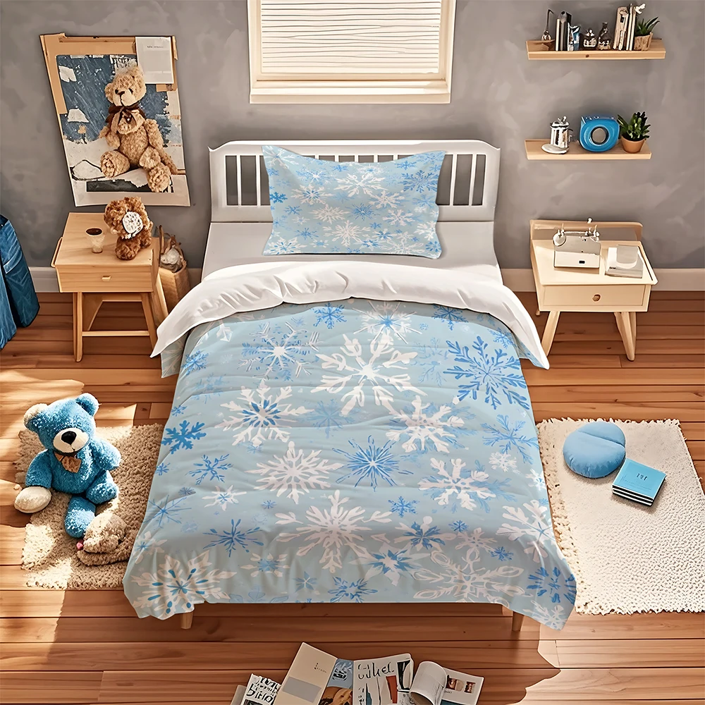 Christmas Winter Snowflake Bedding Set Light Blue Base Duvet Cover Set Bed Holiday Soft Bedding Quilt Cover with Pillowcases view 2