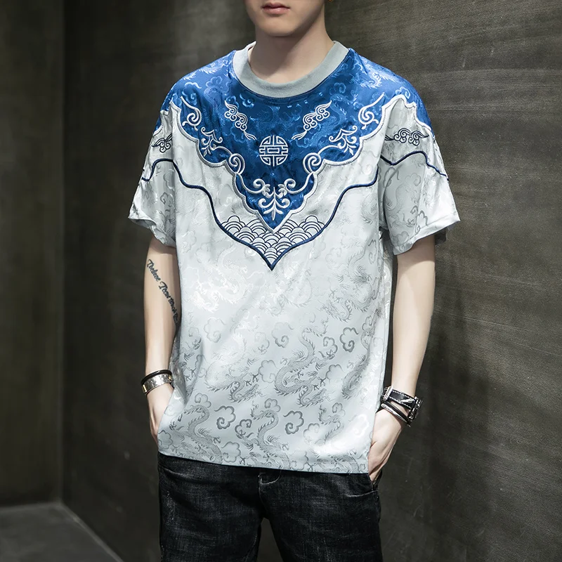 Summer Chinese Style Oversized T-Shirt Plus Size Patchwork Embroidery Top Male Fashion Harajuku Short Sleeve Men Clothing