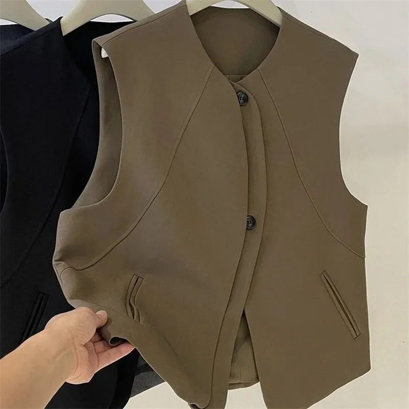 秋のレディースファッションカーディガンノースリーブアウター女性ラウンドネックカジュアルベストコート韓国女性無地チョッキジャケット