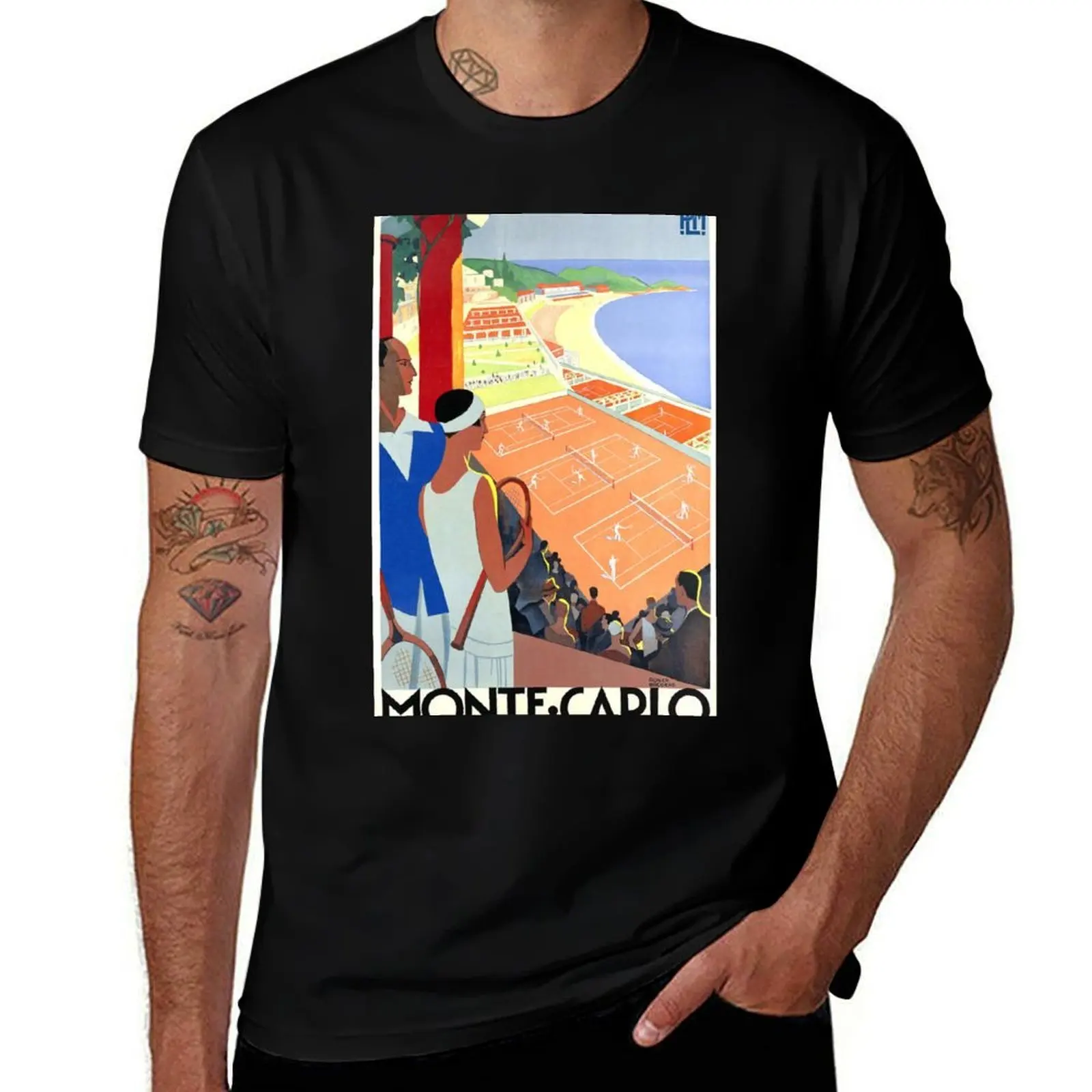 

1930 Monte-Carlo Tennis Monaco PLM Travel Poster T-Shirt T-shirts man mens t shirts