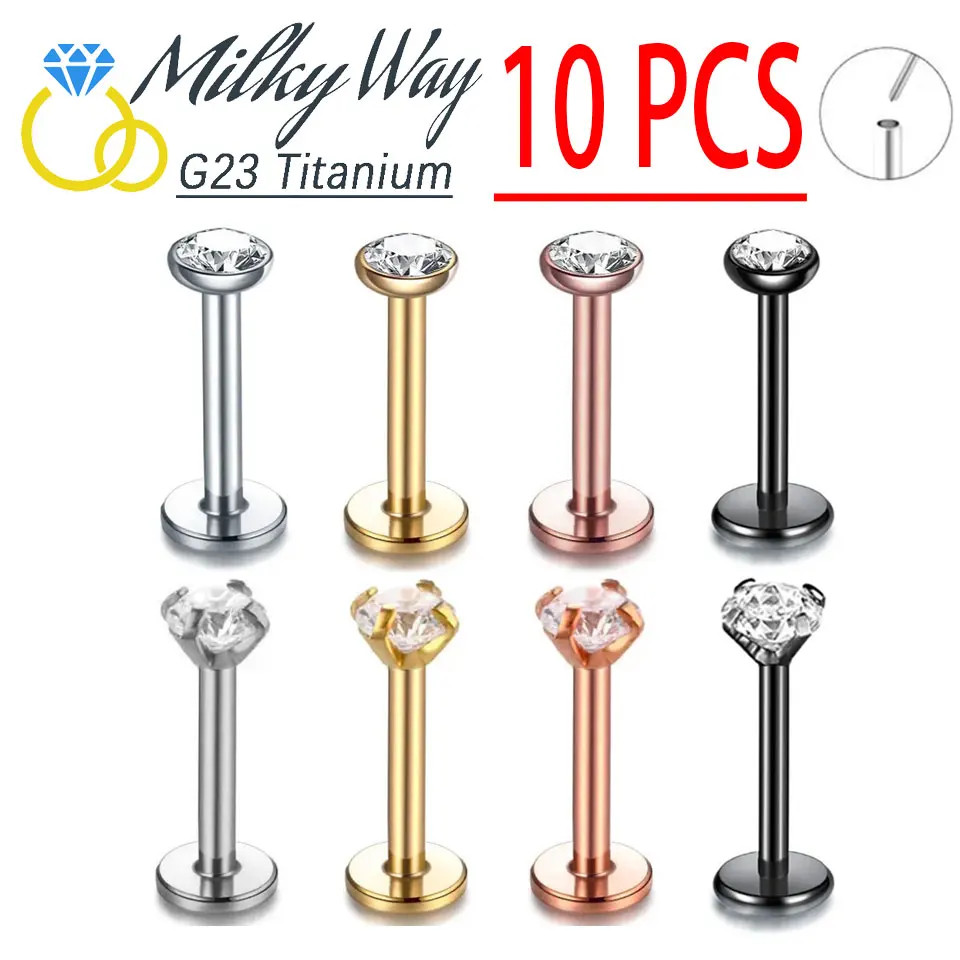 10pcs G23 Titanium Earrings Set Zircon Stone Push in Nose Studs Threadless Earring Sexy Ear Helix Lip Piercing Wholesale Jewelry