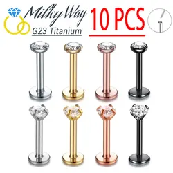 10pcs G23 Titanium Earrings Set Zircon Stone Push in Nose Studs Threadless Earring Sexy Ear Helix Lip Piercing Wholesale Jewelry