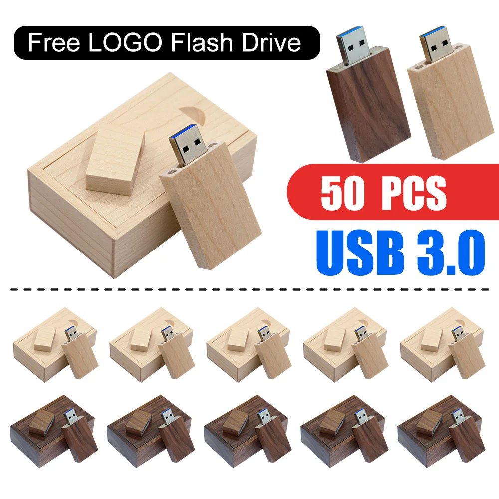 50 шт./лот USB 3.0 деревянный + коробка флэш-накопитель 8 ГБ 16 ГБ 32 ГБ 64 ГБ128 ГБ U диск Бесплатный индивидуальный логотип для фотографии свадебный подарок