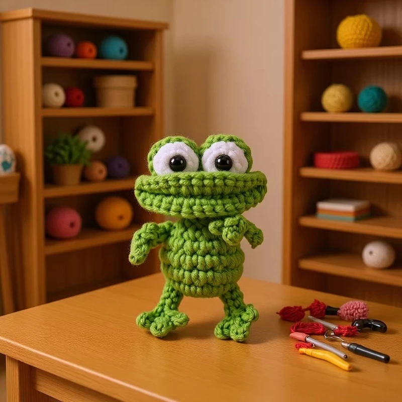 Ugly Cute Clown Frog Crochet Figurine Soft Hand Knit Yarn Doll Fashion Keychain Backpack Hanging Ornament Room Table Decor