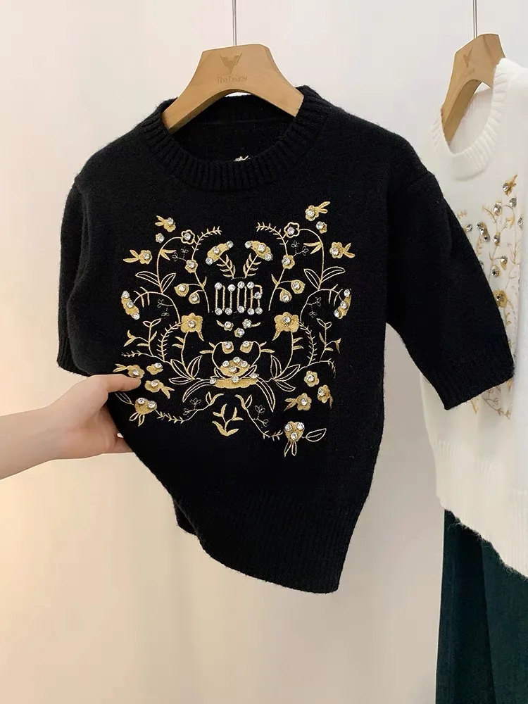 Early Spring Sweater Embroidery Rhinestone Crop Tops Graphic Y2K Women\'s Clothing Short Sleeve Tees Vintage Luxury Knit Pullover