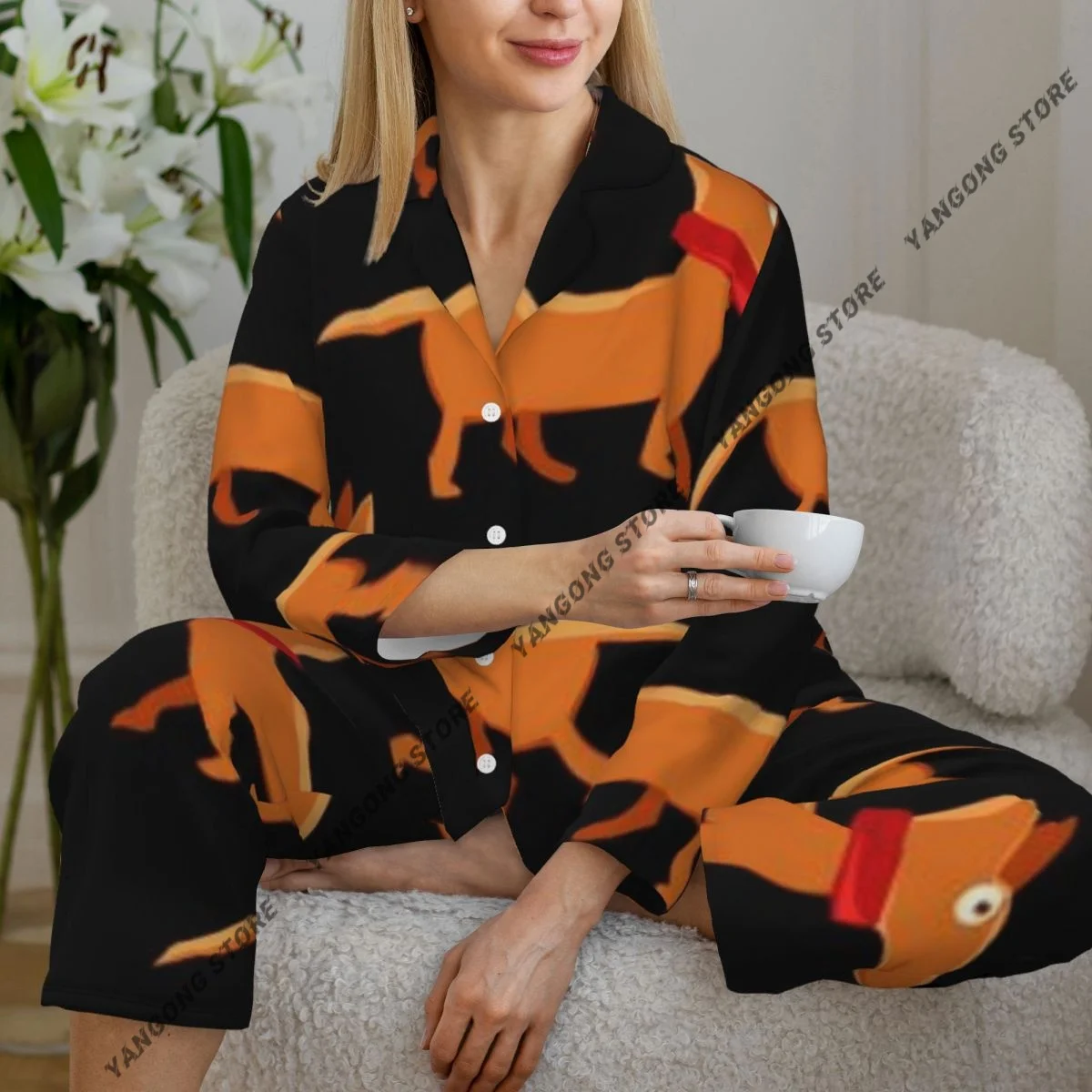 

Spring and Autumn Pajama Set Women's Long Sleeve Pants Two Piece Dog Print Home Furnishing Set