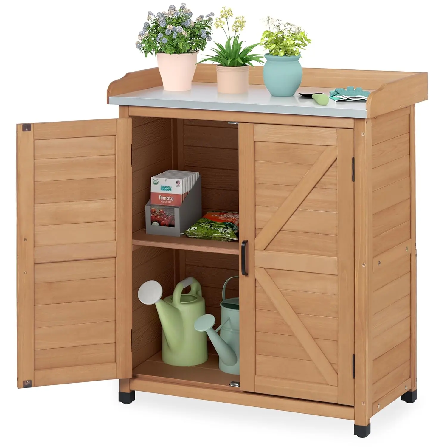 

Шкаф для хранения на открытом воздухе и стол-камья для горшков с металлической столешницей, деревянная мебель для патио, садовая рабочая станция (светло-коричневый, 39x31,5x1