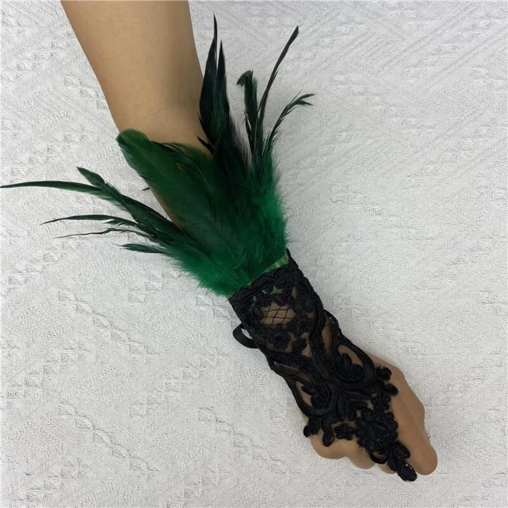 

Costume Wristband Halloween Feather Gloves Embroidery Gothic Feather Lace Glove Retro Dark Women Halloween Cuffs Carnival