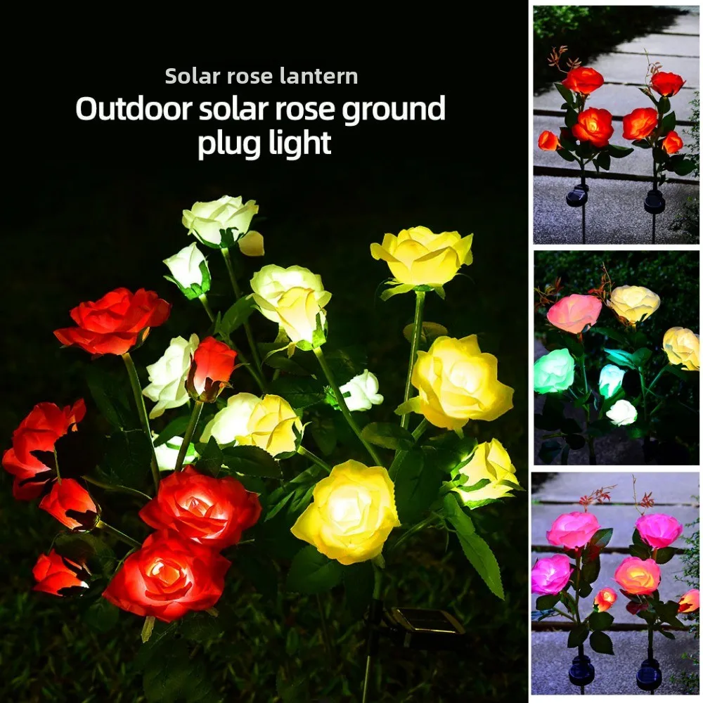 1/3 Heads LED Simulated Solar Lights Waterproof 5 Colors Outdoor Decorative Solar Light Rose Flower Lawn Lamp