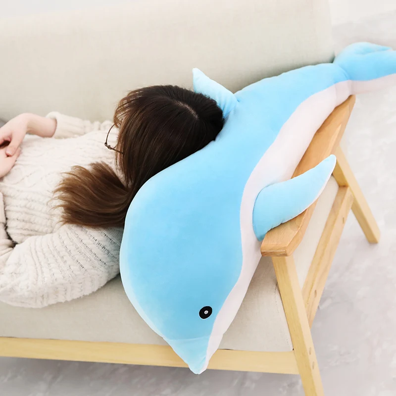 Kawaii Grey Dolphin Plush Toy Soft Blue Stuffed Animal Pink Sofa Long Pillow for Room Decor Christmas Gift for Girls And Boys
