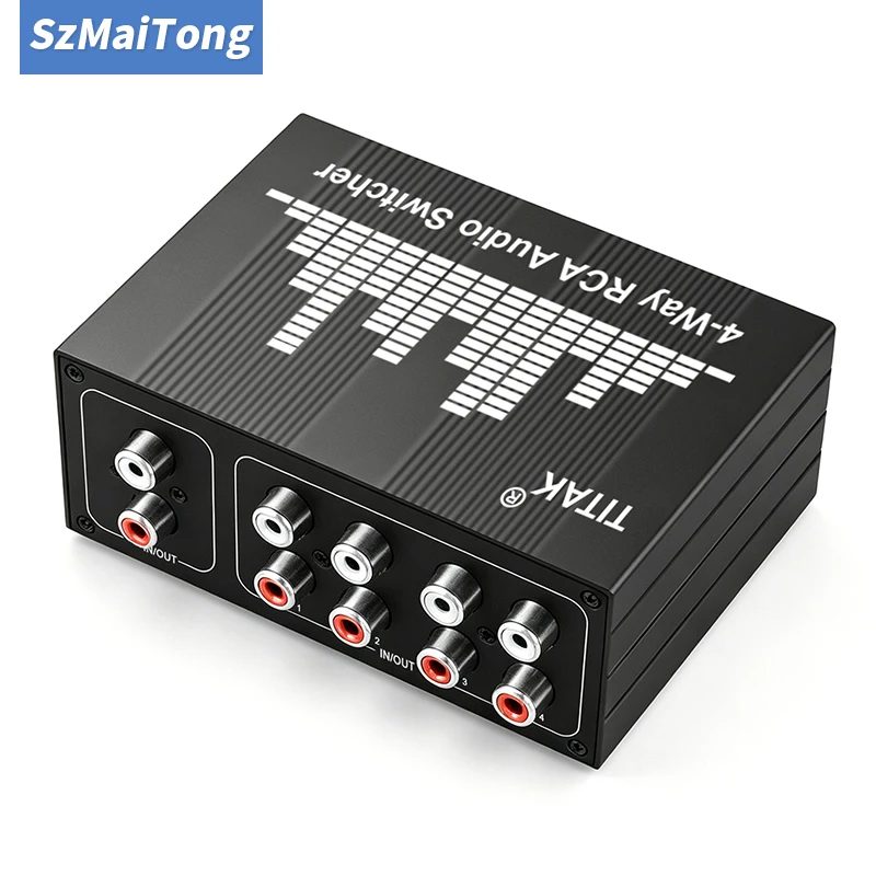 4-Way RCA Stereo Audio Switcher Bi-Directional 1-in-4-out 4-in-1-out L/R Sound Selector Box for Studio Monitor