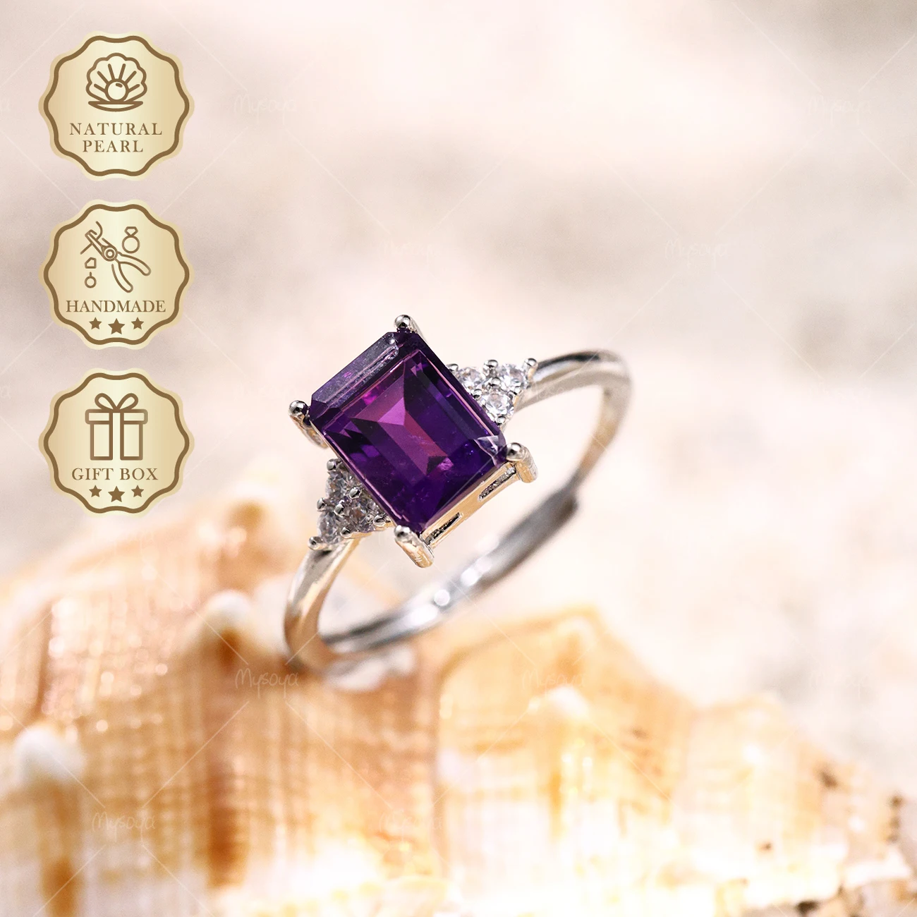 MYSOYA Silver-Plated Simple Ring with Natural Amethyst, 6×8mm Amethyst 1.71ct, Gift Box Included, February Birthstone SC34