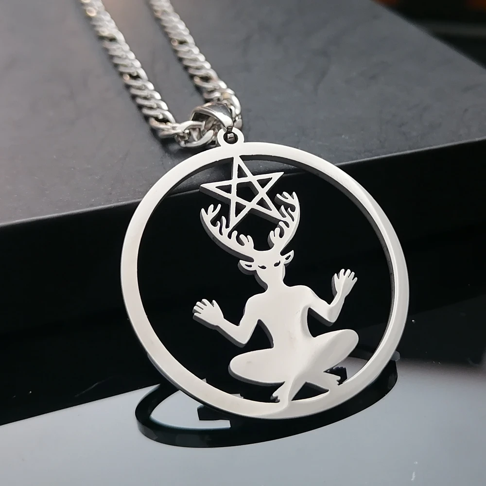 Mens Punk Cernunnos Pan Faun Charm Necklace Stainless Steel Pentagram Satan Worship Pendant Choose Chain 24''