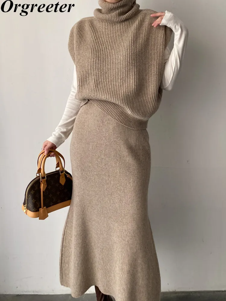 Korea Fashion Fall Winter Knitted Two Piece Set for Women Chic Turtlenck Sweater Vest +High Waist Bodycon Skirt Sets